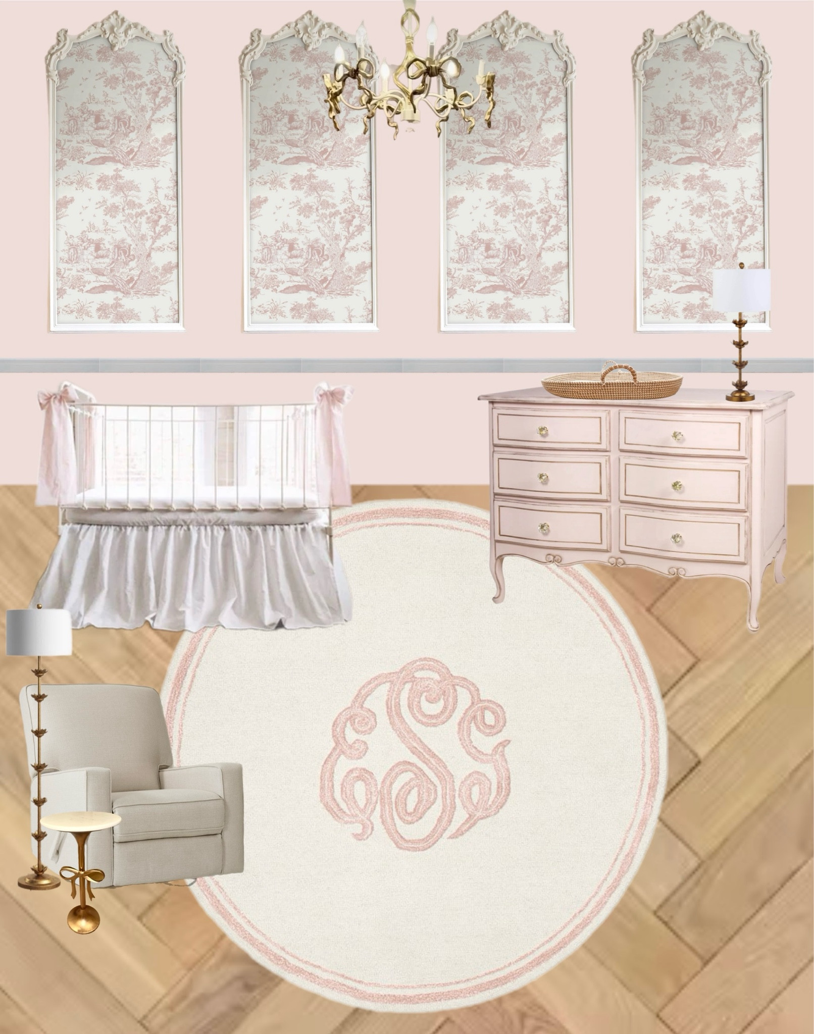 Baby girl room
Room templates
Pink and gold
Bow theme
Bow table
Bow chandelier 
Pink gold dresser
Baby crib 
Amazon floor lamp
Recliner 
Initial rug
Pottery barn baby

#LTKHome #LTKBump #LTKBaby