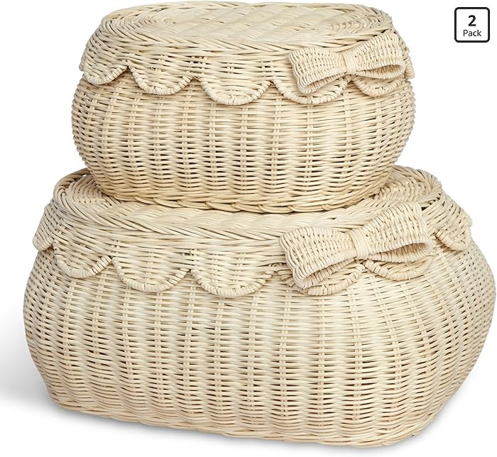 BEBE BASK The Original Scalloped Bow Basket with Lid – Set of 2 (15 x 11 x 6 in) – Handwoven ... | Amazon (US)