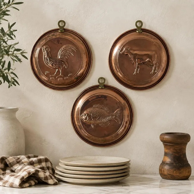 Set of 3 Vintage Copper Wall Molds Rooster Cow Fish Cottage Kitchen Decor | Etsy (Global)