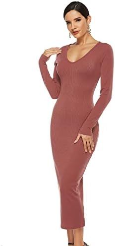 Sumtory Women Rib Knit Stretch Wrap V Neck Long Dresses Slim Fit Solid Fall Bodycon Dress | Amazon (US)