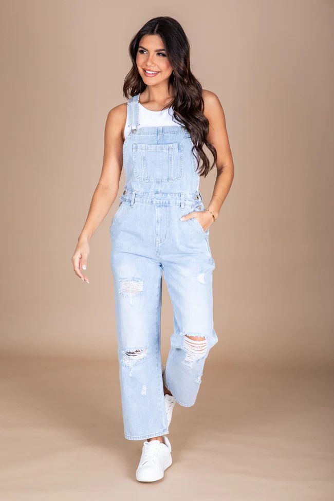 Just A Normal Girl Light Wash Distressed Straight Leg Denim Overalls | Pink Lily