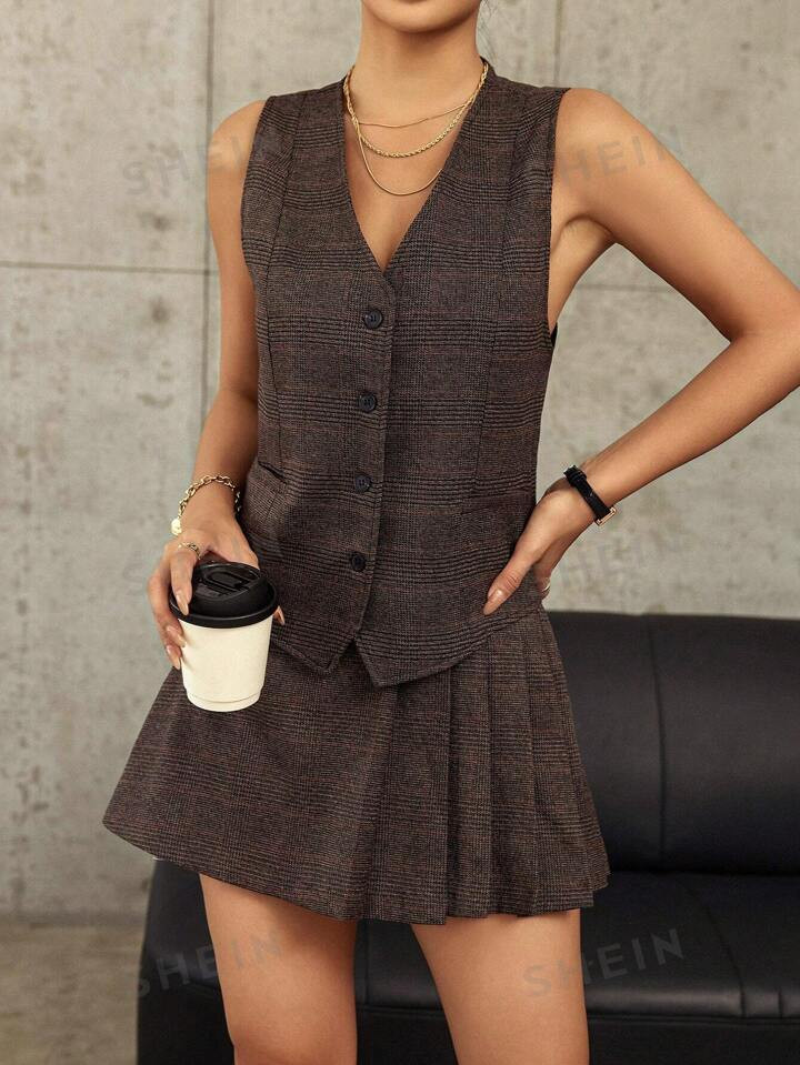 SHEIN Privé Women's Plaid Vest And Shorts 2-Piece Set | SHEIN