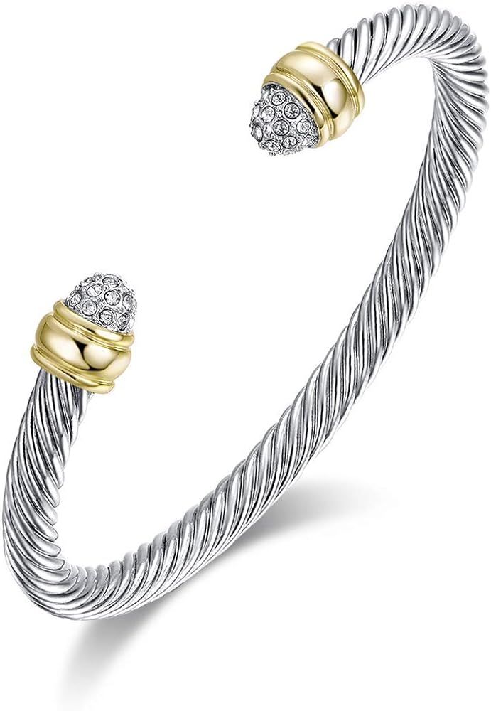 Two Tone Cable Bangle Antique Cuff Bracelet with Zircon Inlaid Ends | Amazon (US)