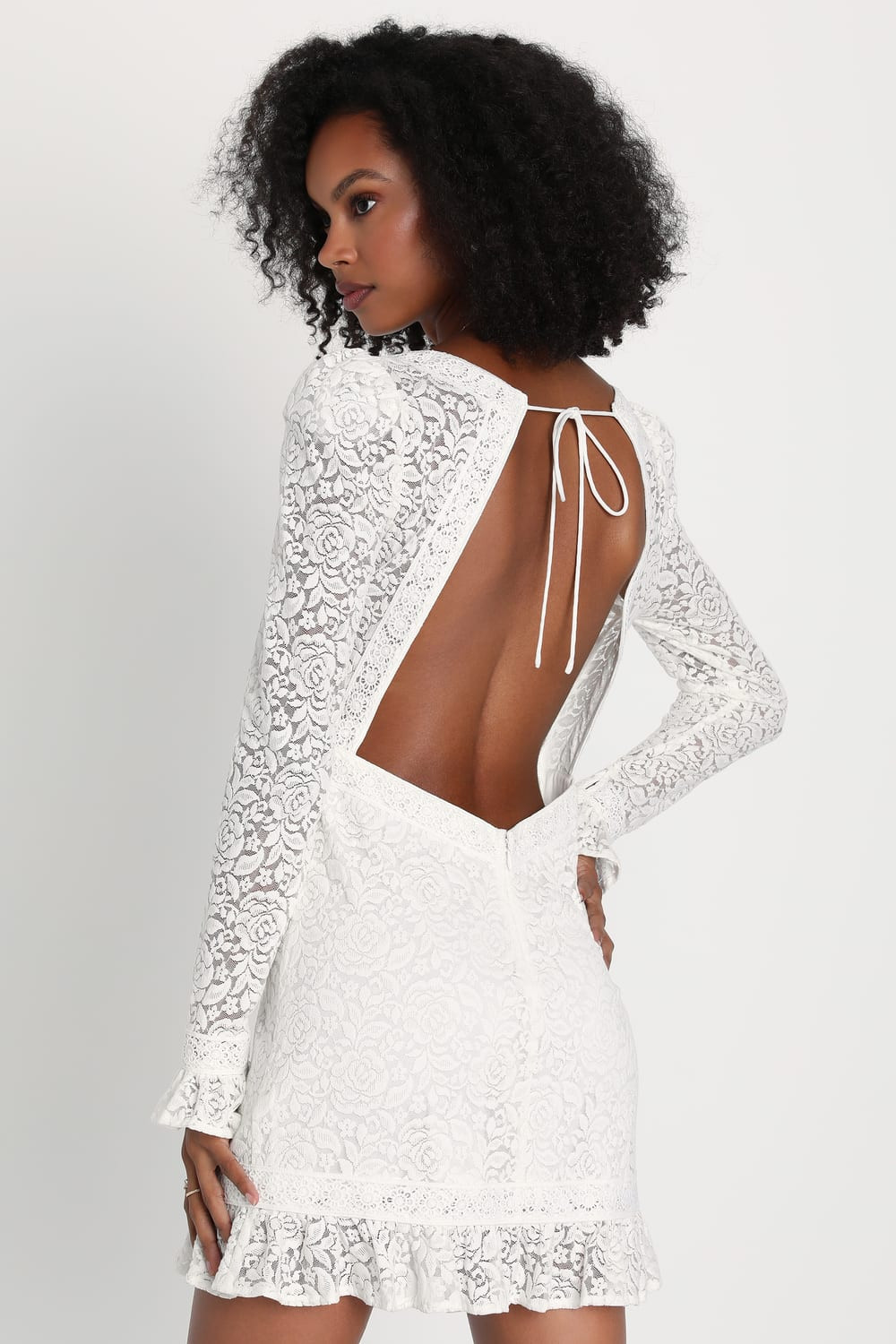 Quite a Delight White Lace Backless Long Sleeve Mini Dress | Lulus