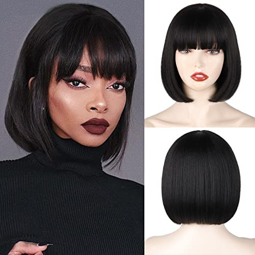 WERD Black Short Bob Wig,Straight Black Bob Wig with bangs, 10 inch Straight Bob Bangs Wig for Women Natural Looking for Daily Use | Amazon (US)