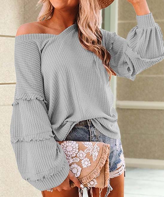Romantichut Women's Pullover Sweaters gray - Gray Waffle-Knit Ruffle-Trim V-Neck Balloon-Sleeve Top  | Zulily