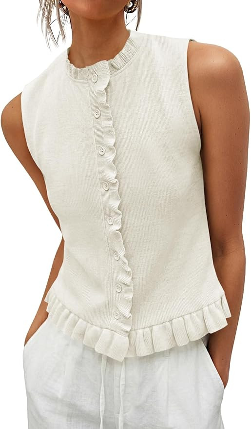 Saodimallsu Womens Sleeveless Sweater Vest Ruffle Button Down Knit Tank Top Summer Trendy Going O... | Amazon (US)