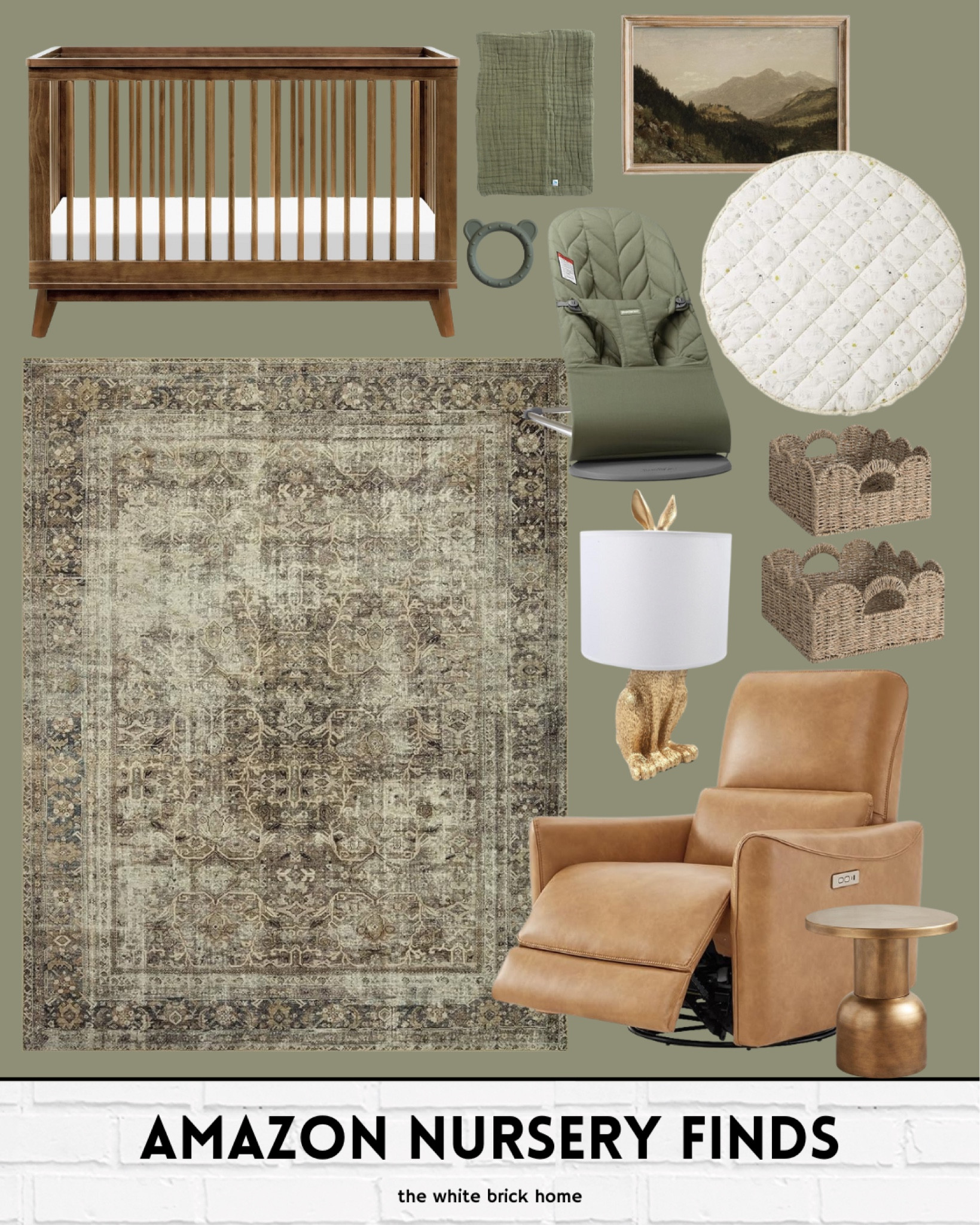 This Amazon rug has so many beautiful shades to play off of! I went with the olive green, which would look cozy with a leather rocker like this one! 

Amazon, Amazon home, nursery, green nursery, gender neutral nursery, nursery decor, nursery crib, babyletto crib, Amazon crib, olive green nursery, nursery wall art, nursery glider, nursery furniture, home decor, home accessories, baby bedroom, play mat, nursery storage, nursery baskets, nursery bouncer, nursery chair, nursery rug, Loloi green rug, neutral nursery, mountain nursery, Amazon nursery, nursery decor, nursery budget friendly home decor. 

#LTKBaby #LTKHome #LTKBump