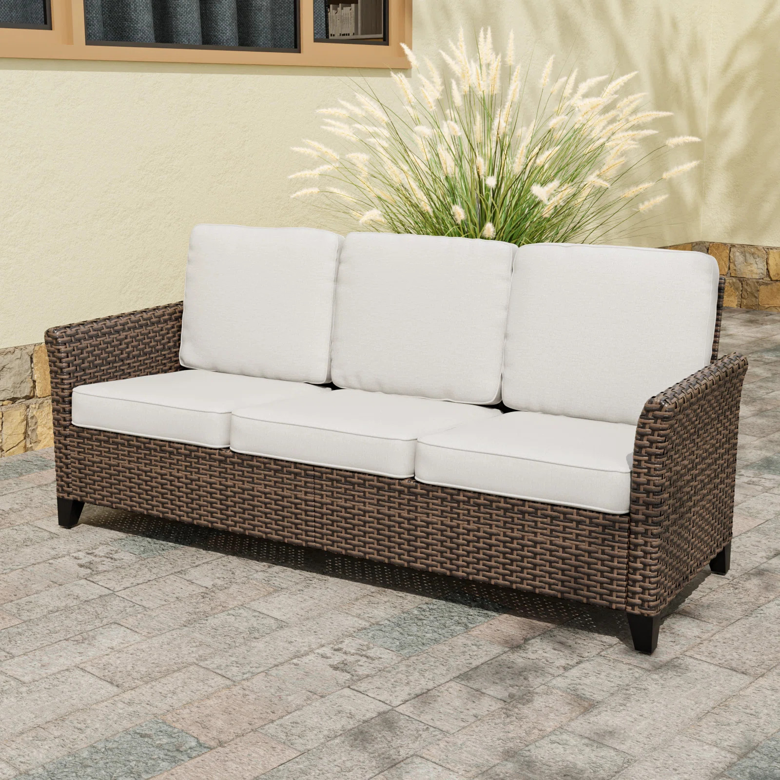 Mix Brown Rattan Wicker Patio Outdoor Spacious 3-Seat Sofa with Curved Armrest | Wayfair North America