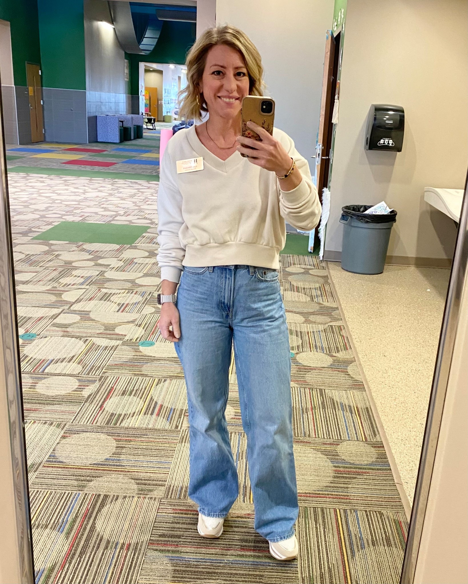 A bit cropped, very cozy, the perfect sweatshirt to pair with high waisted pants! It’s also on sale, and plenty of sizes left when I last looked. My wedge sneakers give my 5’2” self a little boost! 