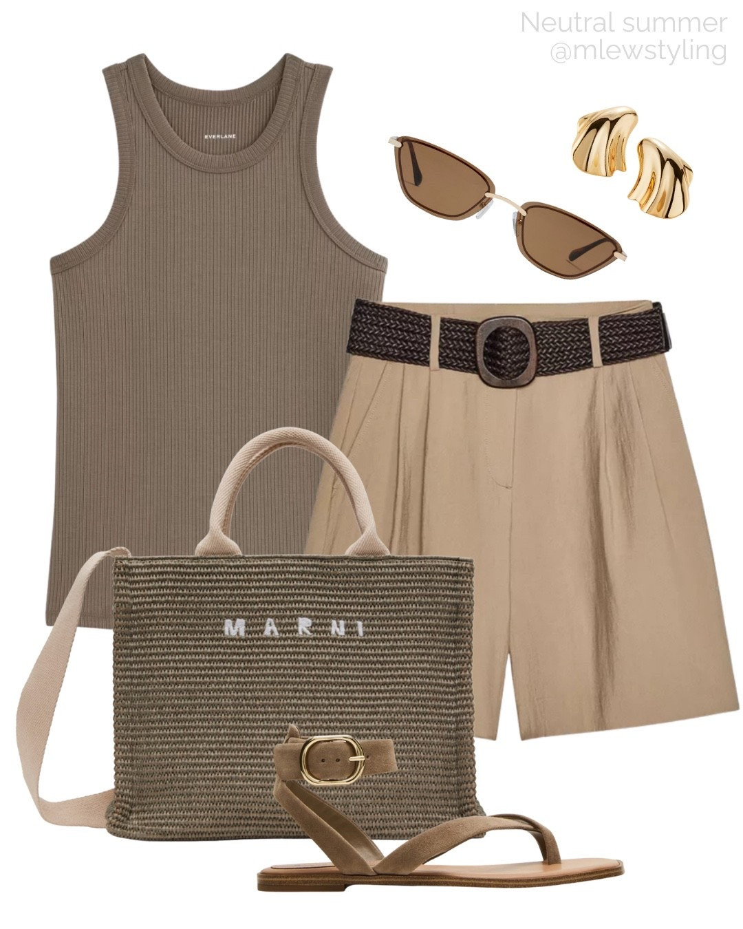 Chic neutral summer outfit with shades of taupe 🤎

Tags: new-in Zara belted shorts, everlane tank top, Marni tote bag, revolve sunglasses, Jenny bird gold earrings, Steve Madden suede strappy sandals, neutral aesthetic, vacation look, casual workwear, weekend outfit 

#LTKWorkwear #LTKItBag #LTKShoeCrush