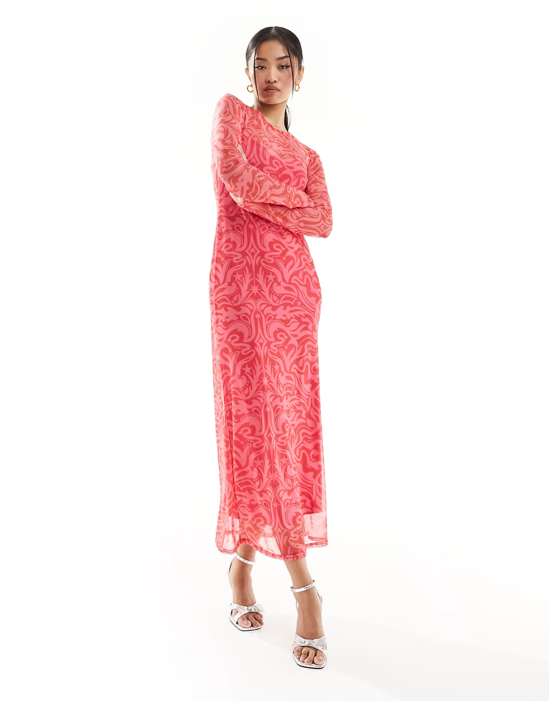 Never Fully Dressed mesh midaxi dress in pink and red | ASOS | ASOS (Global)