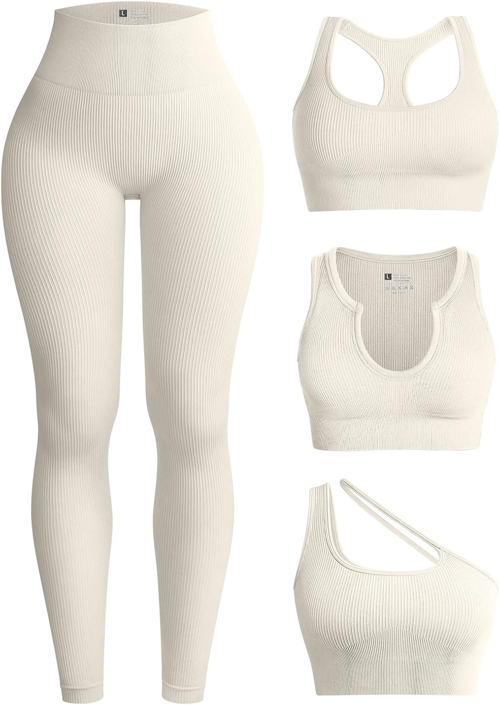 OQQ Womens 4 Piece Workout Outfits Ribbed Yoga High Waist Leggings with 3 Piece Crop Tops with Sp... | Amazon (US)