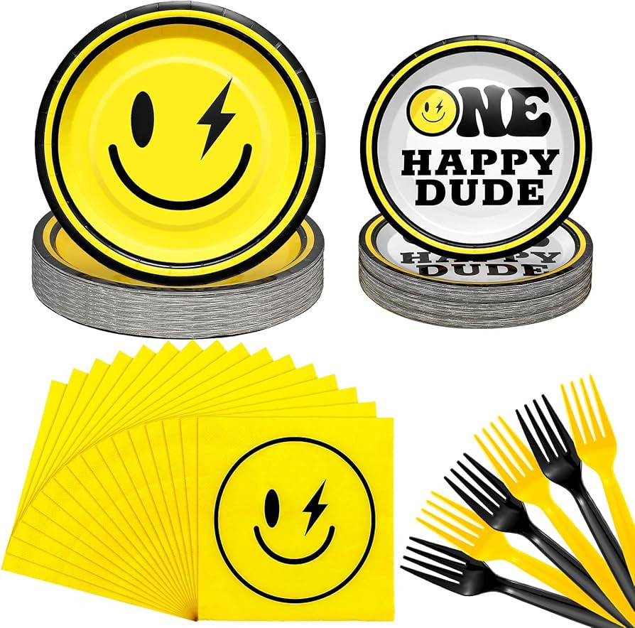 Norme 172 Pcs One Happy Dude Smile Face Party Tableware Set 9'' 7'' Paper Dessert Plates Party Pl... | Amazon (US)