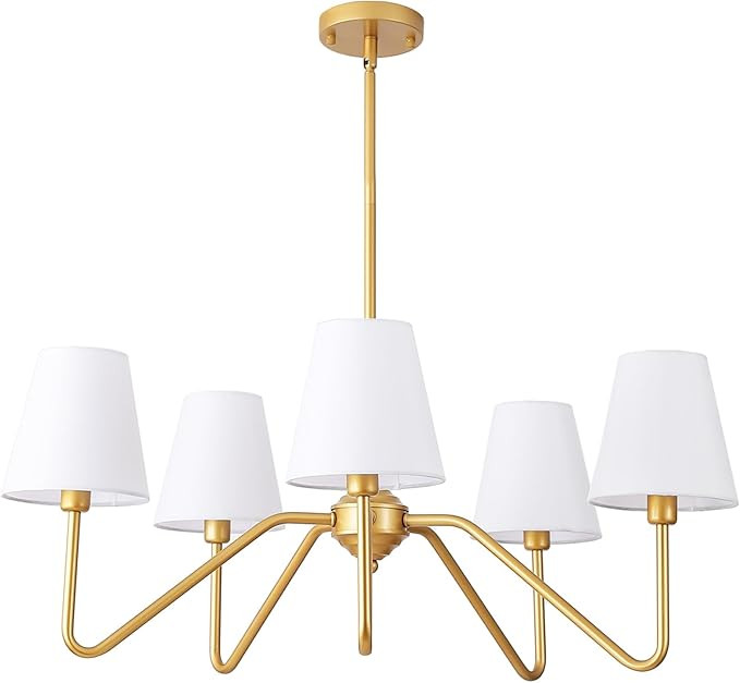 9MMML 30.5" 5 Arms Gold Chandelier, 5 Lights Kitchen Island Lighting with White Fabric Shade,Dini... | Amazon (US)