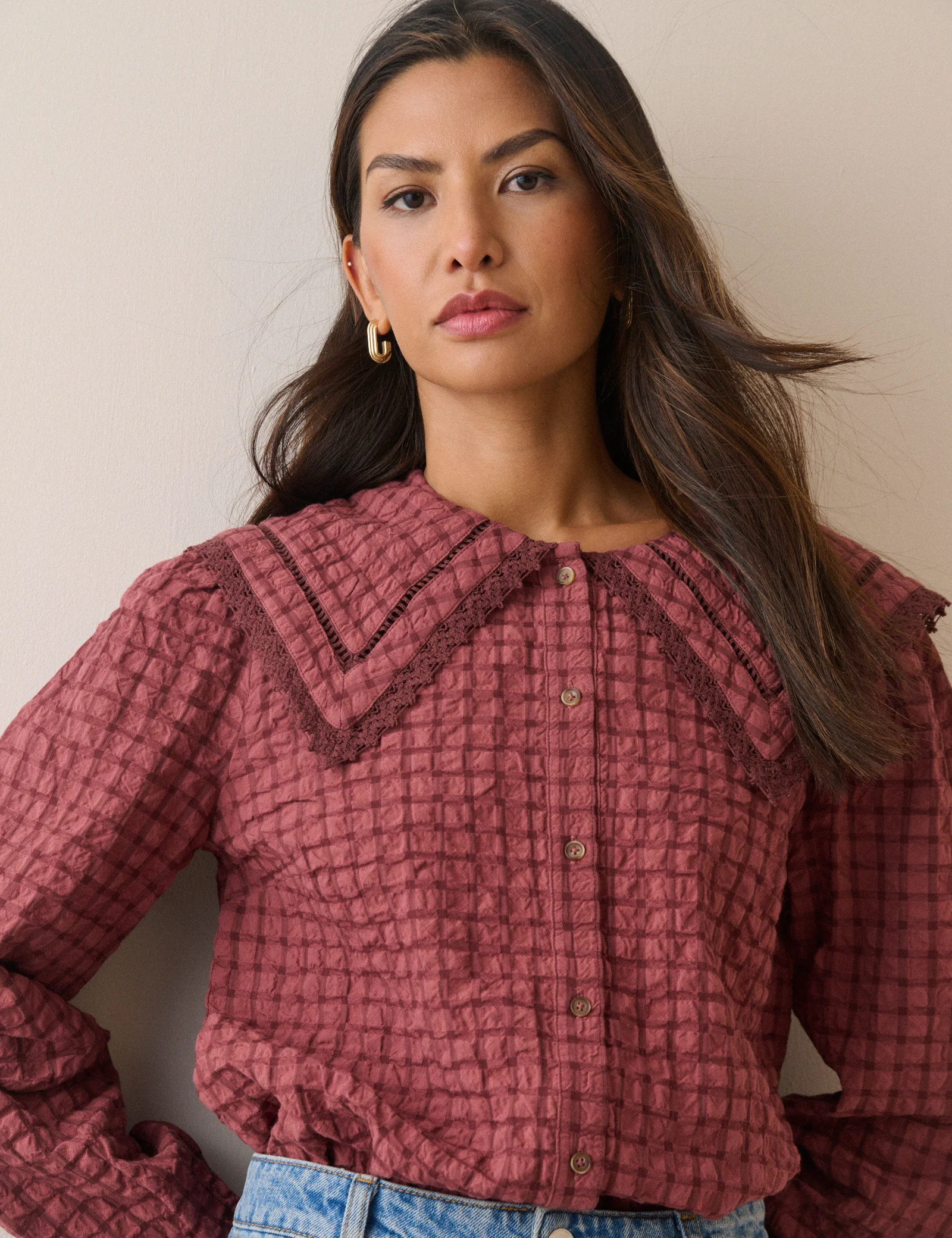 Red Check Oversized Collar Blouse | Nobody's Child