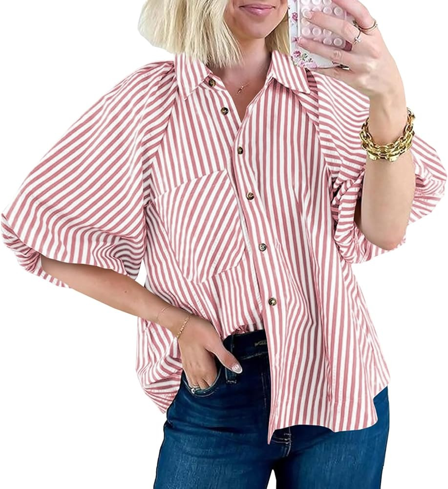 Tankaneo Womens Short Puff Sleeve Button Down Shirts Striped Trendy Casual Loose Fit Blouse V Nec... | Amazon (US)