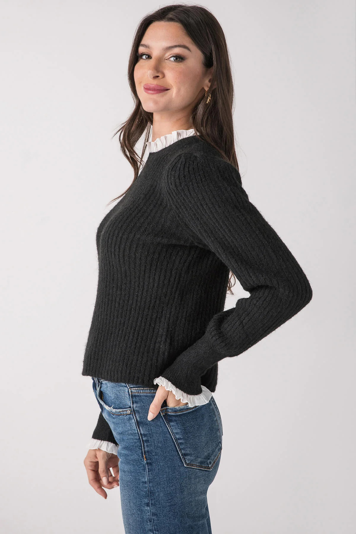 Pinch Knit Combo Ruffle Neck Sweater | Social Threads