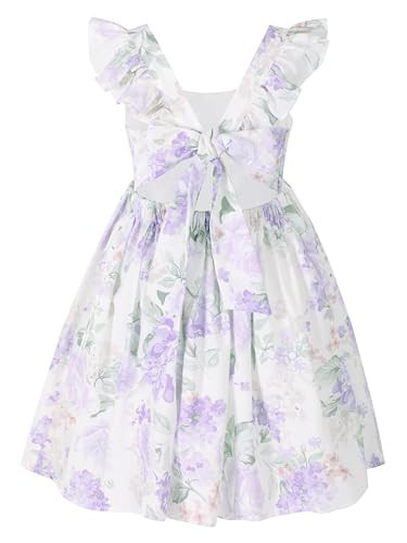 Flofallzique Girls Summer Dress Ruffle Sleeve Vintage Floral Casual Kids Birthday Tea Party Sundress for 4-12 Y(4,Lilac) | Amazon (US)