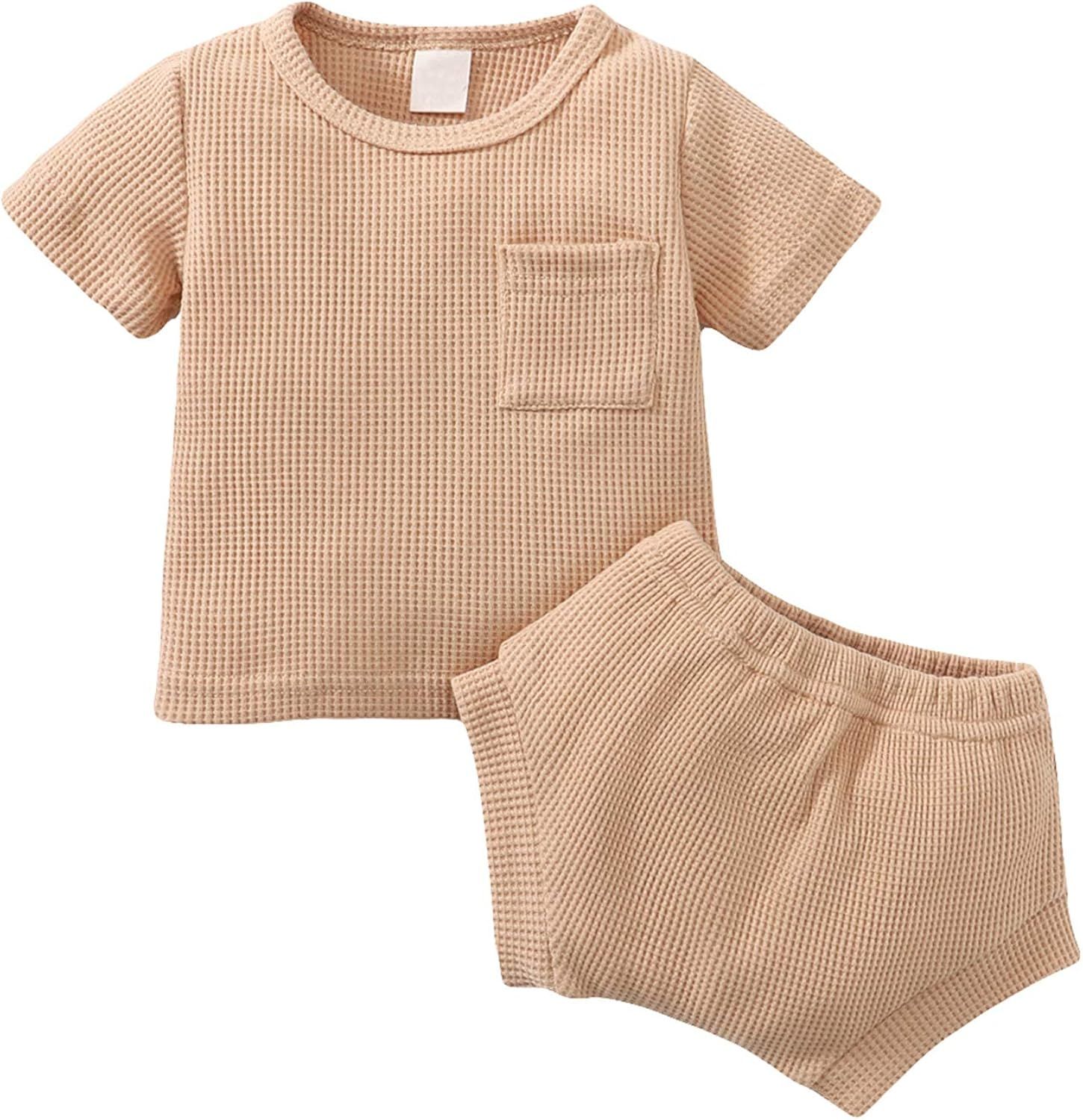 Summer Newborn Baby Boy Girl Clothes Set Ribbed Outfits Unisex Infant Solid Cotton Button Short S... | Amazon (US)