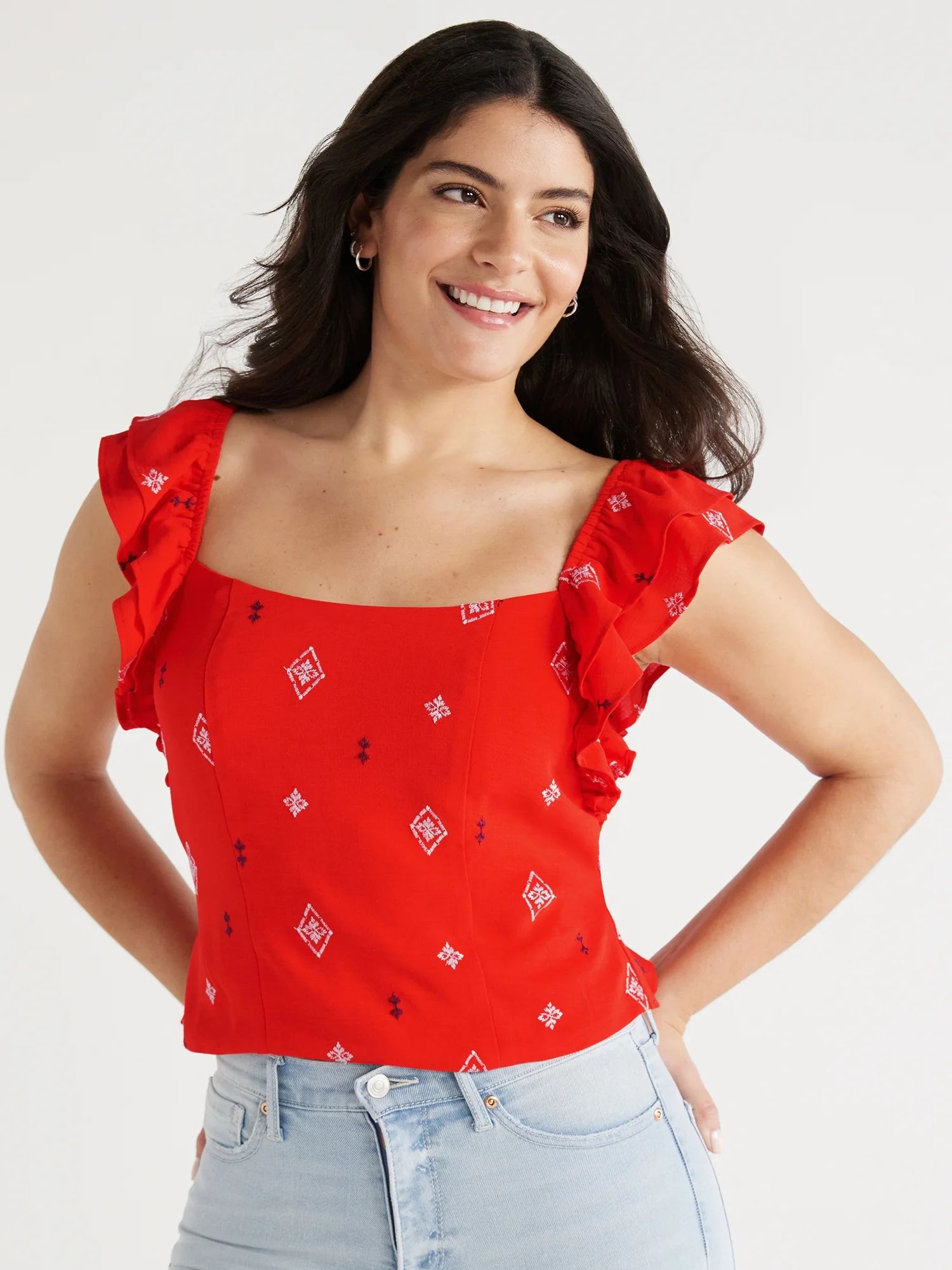 Sofia Jeans Women's and Women's Plus Double Ruffle Embroidered Top, Sizes XS-5X - Walmart.com | Walmart (US)