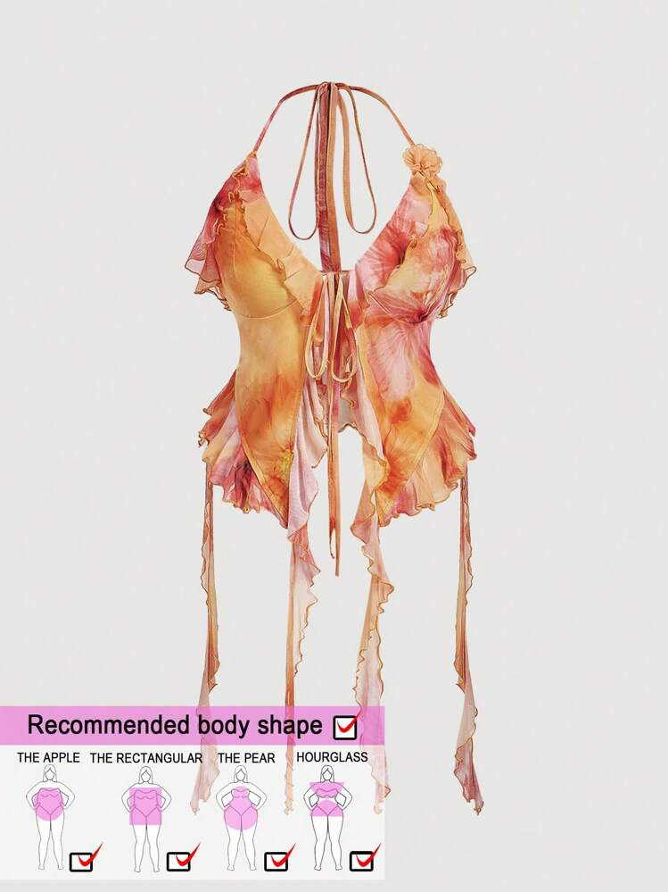 SHEIN MOD Plus Size Romantic Ruffle Trim 3D Floral Design Halter Neck Top,Plus Size Women Orange ... | SHEIN