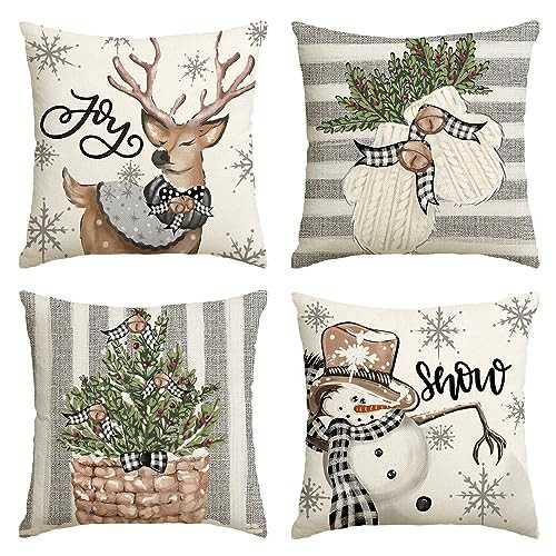 AVOIN colorlife Christmas Snowman Reindeer Gloves Eucalyptus Throw Pillow Covers, 18 x 18 Inch Winter Holiday Stripes Cushion Case Decoration for Sofa Couch Set of 4 | Amazon (US)