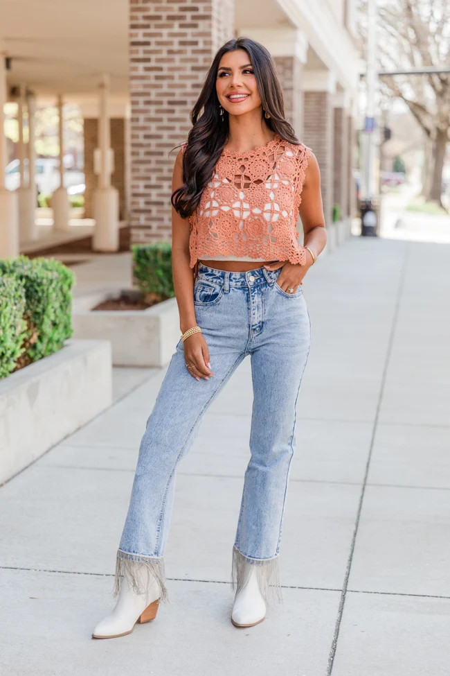 Miranda Light Wash Silver Fringe Straight Leg Jeans FINAL SALE | Pink Lily