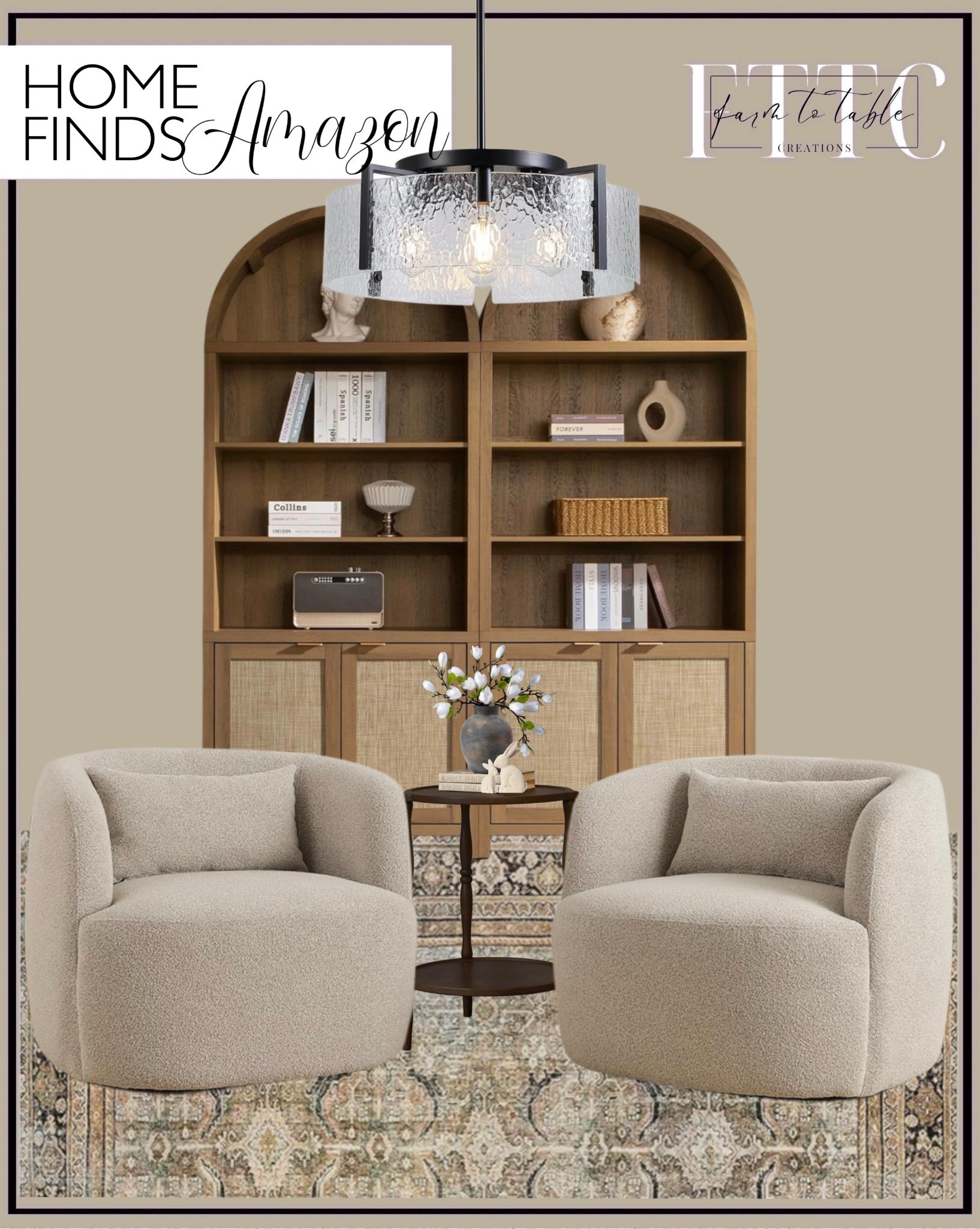 Neutral Living Room Amazon Finds That Look Designer

Follow @farmtotablecreations on Instagram for more home finds and styling ideas 🤍

These Amazon finds are giving that clean, elevated designer look without the high price tag. The curved accent chairs add softness and texture, paired with a warm wood arched cabinet for that timeless focal point. Finished with a subtle patterned rug, layered decor, and a statement light fixture—everything works together for a cozy, pulled-together space that feels high-end but approachable.

#accentchairs #livingroomrug #homedecor #lighting #cabinet

accent chairs | boucle chairs | arched cabinet | wood cabinet | neutral rug | vintage style rug | living room decor | side table | home styling | neutral home | cozy seating | statement lighting | chandelier | amazon home finds | living room furniture | decorative accessories | shelf styling | woven cabinet doors | small space seating | neutral palette | textured decor | warm wood tones | modern classic style | home finds | interior styling

#LTKHome #LTKSaleAlert
