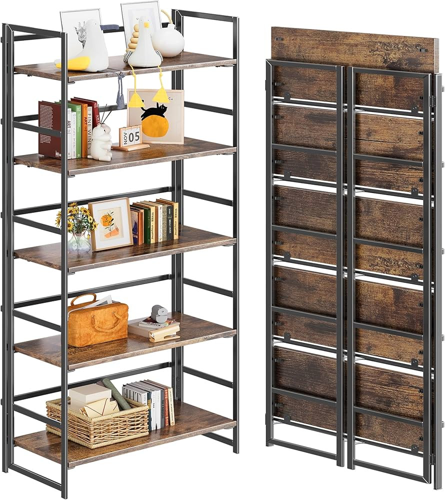 4NM No Assembly 5 Tier Collapsible Book Shelves, 51.2" H x 23.6" W Folding Bookshelf Bookcase Ope... | Amazon (US)