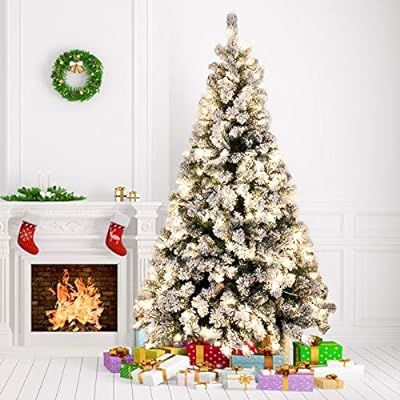 Amzdeal 6Ft Artificial Christmas Tree Snow Flocked -928 Hinged Branches Pre-lit Christmas Tree wi... | Amazon (US)