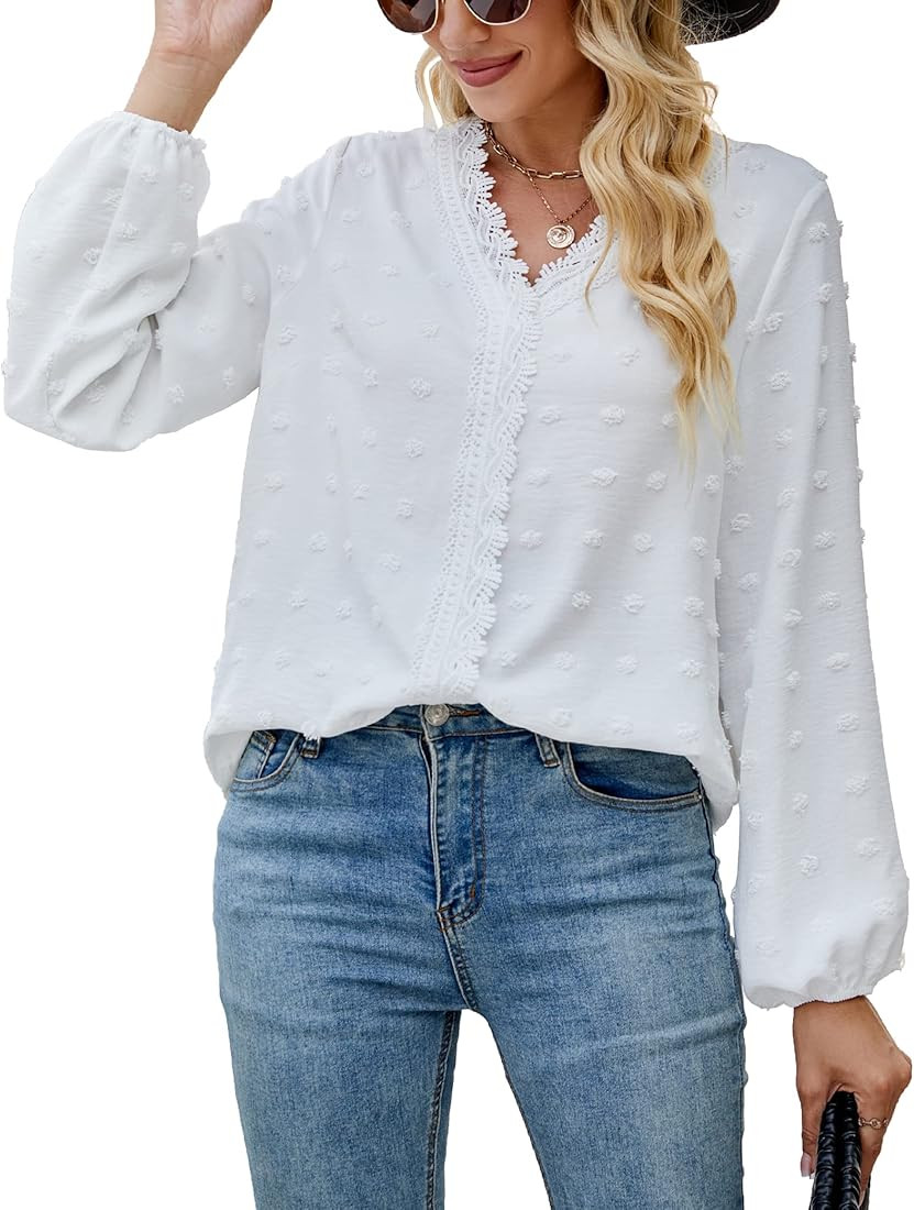 Leereya Womens Long Sleeve V Neck 2022 Fall Chiffon Swiss Dot Dressy Casual Tops Shirts Blouses | Amazon (US)