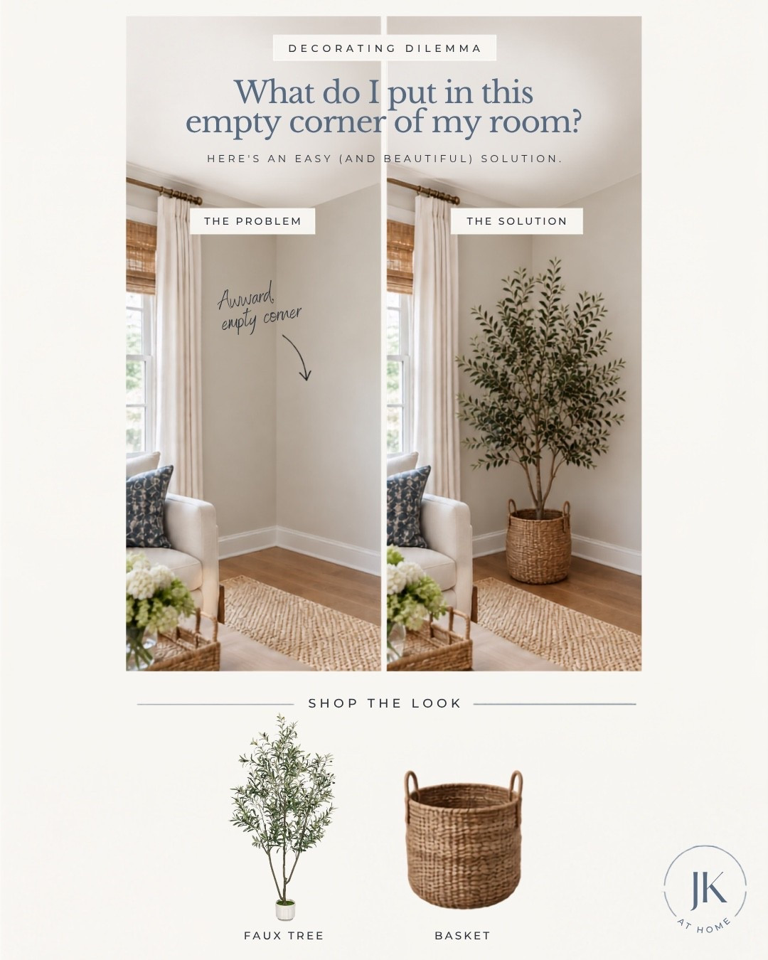 An empty corner can make an otherwise finished room feel awkward. My favorite fix: a tall faux tree in a woven basket - it adds height, texture and just enough life without cluttering the space.

#LTKHome