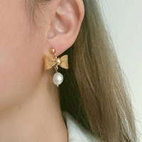 Cute Pearl Bow Earrings in Gold Gold Plated Dangle Drop Studs Mesh & Natural Freshwater Design Grand | Etsy (US)