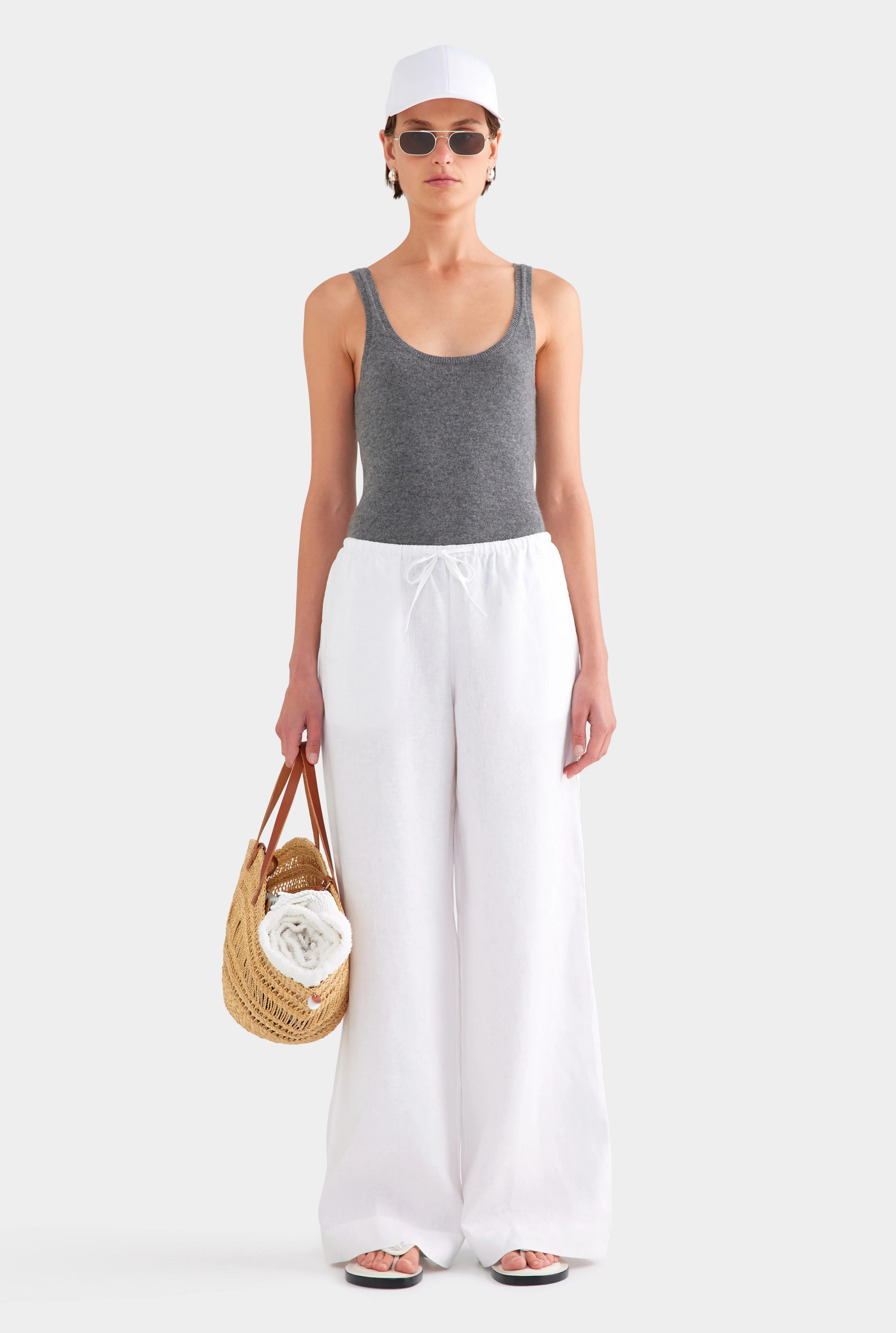 Womens Heavyweight Wide Leg Linen Pant in White | Venroy | Venroy AU