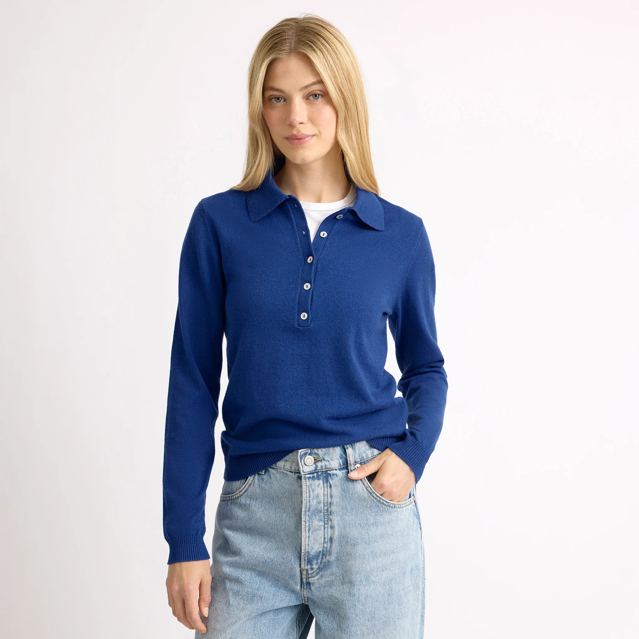 Cobalt Fine Knit Long Sleeve Polo | Albaray
