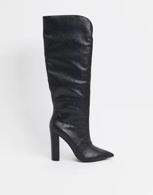 Public Desire Slow knee high boots in black snake | ASOS (Global)