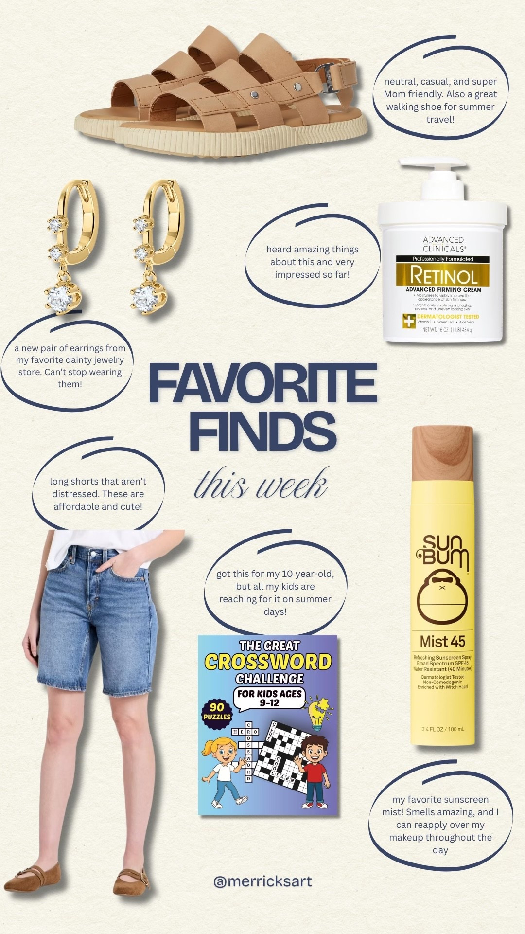 My favorite finds from this week! A great neutral sandal, new skincare, crosswords, sunscreen mist, long shorts, and dainty earrings!

#LTKSeasonal