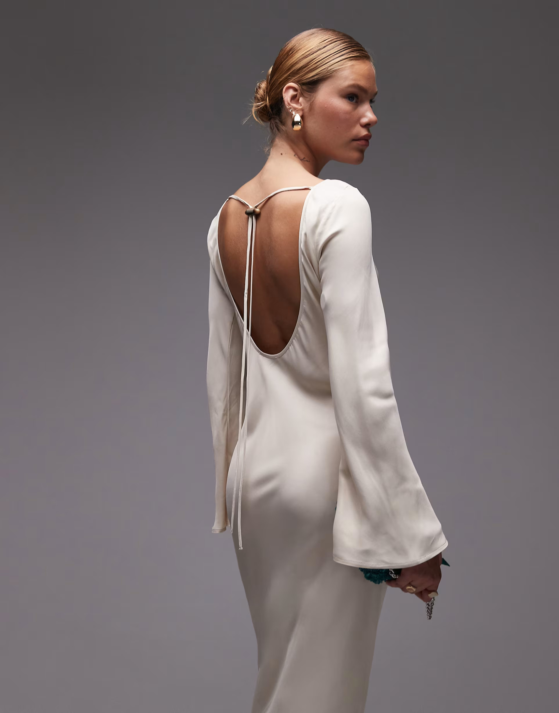 ASOS DESIGN satin angel sleeve low back maxi dress in ecru | ASOS (Global)