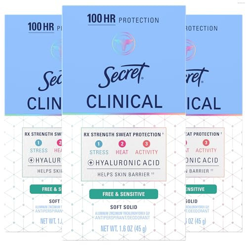 Secret Clinical Strength Antiperspirant Deodorant for Women, Free & Sensitive, 3X Stress Protection, 72hr Sweat & Odor Protection, PH Balancing Minerals, Soft Solid, Unscented, 1.6 oz (Pack of 3) | Amazon (US)