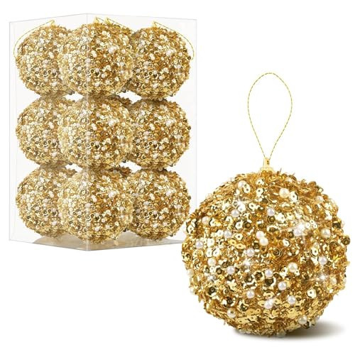 12 Pcs 2.36 Inch Christmas Ball Ornaments Glitter Sequin Ball Large Gold Christmas Tree Decorations Xmas Hanging Balls for Home New Year Holiday Indoor Outdoor Party Decor(Gold, 2.36 Inch) | Amazon (US)