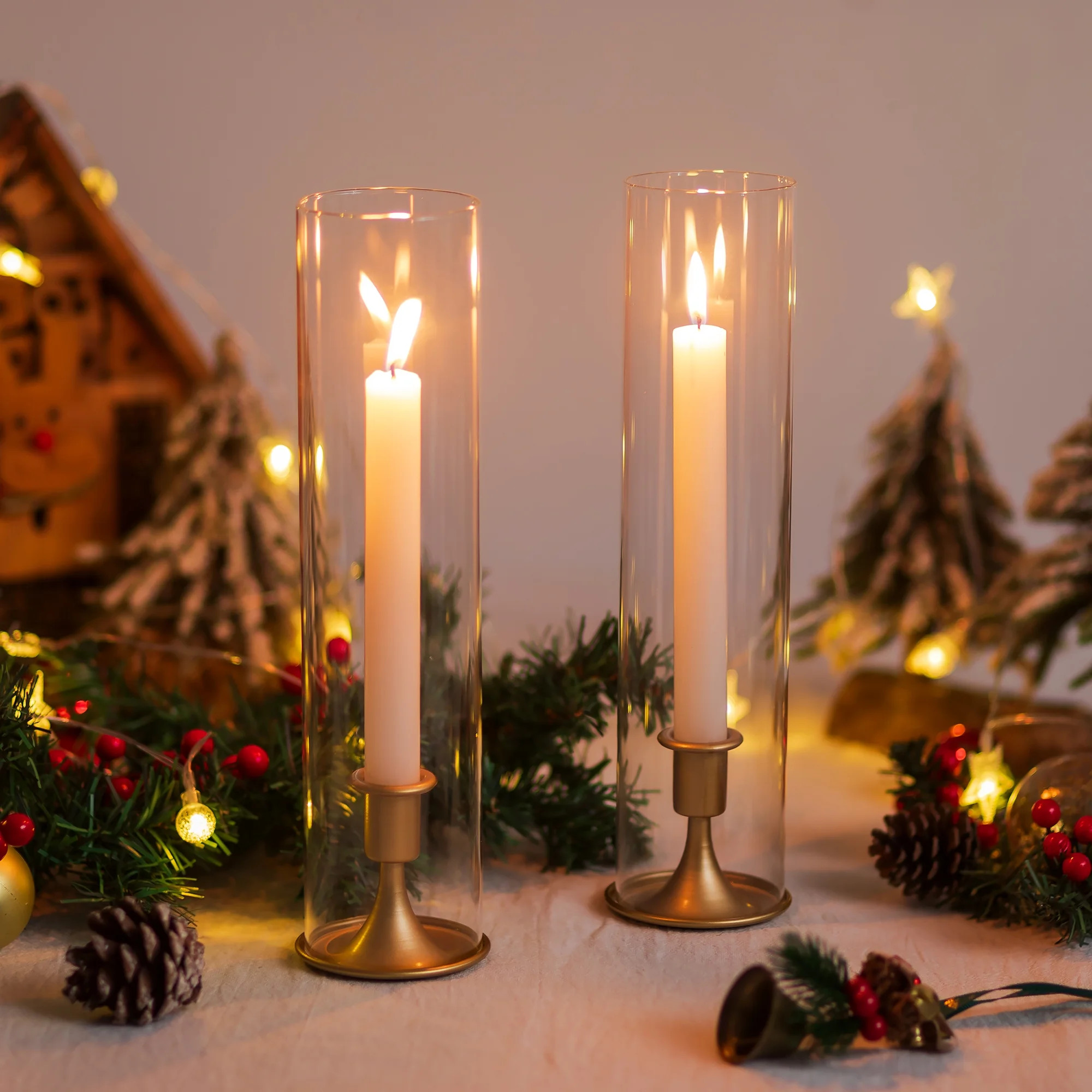 Sziqiqi Gold Hurricane Candle Holders Set of 2: Tall Clear Glass Cylinder with Matte Metal Base f... | Walmart (US)