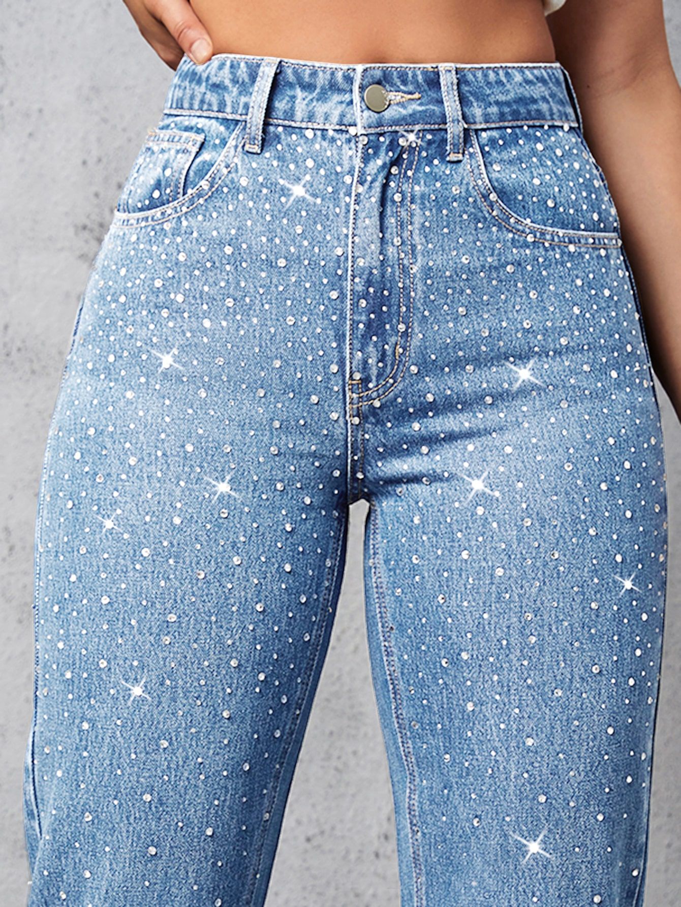 SHEIN High Waist Rhinestone Detail Jeans | SHEIN