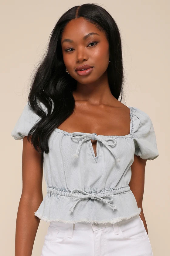 Unique Arrival Light Wash Denim Puff Sleeve Tie-Front Top | Lulus