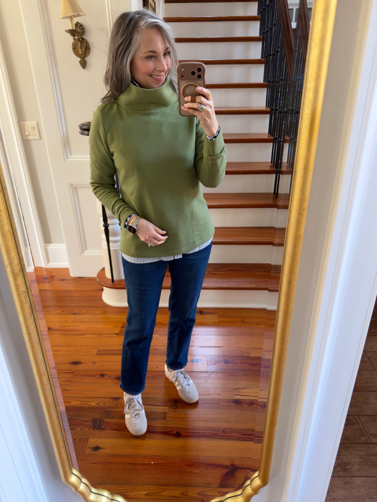 This is Greenpoint fleece from Dudley Stephens last season. They are so warm and cozy! Here I have it layered over a stripe button down with the collar popped up with J Crew jeans and adidas sneakers. True size medium in fleece. If you go to the home page of Dudley you can search for different lengths of the fleece. Blouse is old from Chicos. 

#dudleystephens #jcrewdenim #adidas #chicos 

#LTKOver40 #LTKSaleAlert #LTKootd
