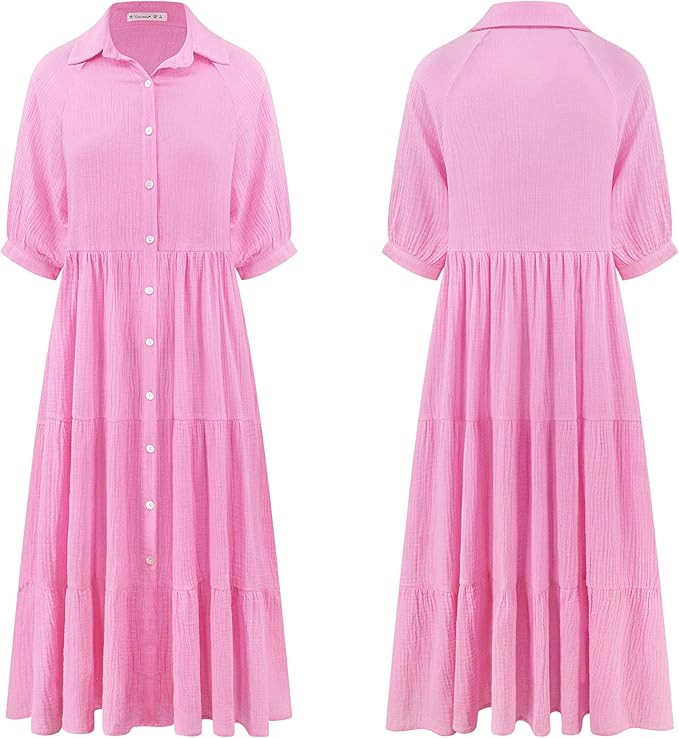 R.Vivimos Women's Summer Cotton Half Sleeves Button Down Casual Loose Slit Midi Dress with Pocket... | Amazon (US)