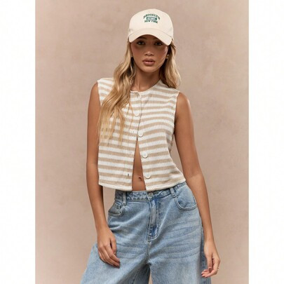 Striped Knit Mesh Buttoned Sleeveless Top | SHEIN