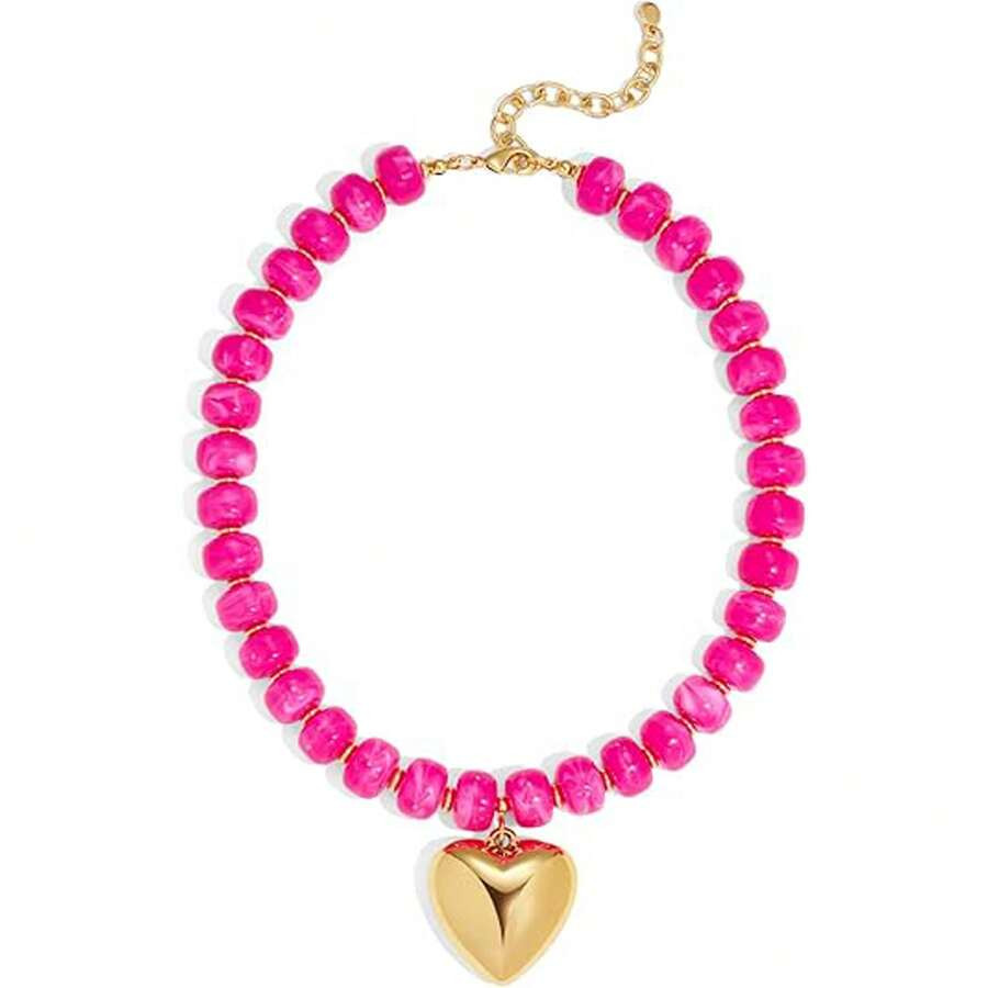 Chunky Beads Necklace For Women Gold Puffy Heart Choker Necklace Colorful Resin Beaded Heart Pend... | SHEIN