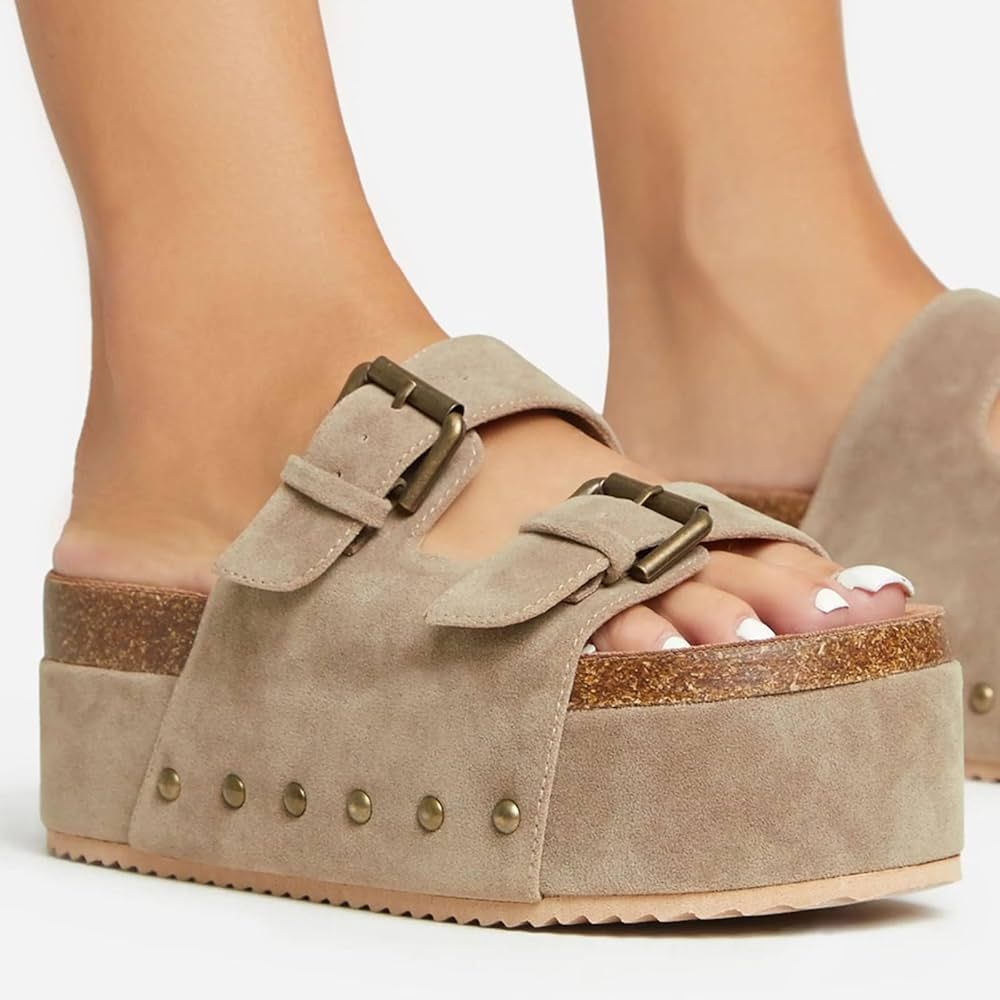 JORISTIMO Women's Cork Flatform Sandals Dual Buckled Band Suede Clogs Platform Slip On Sandals… | Amazon (US)