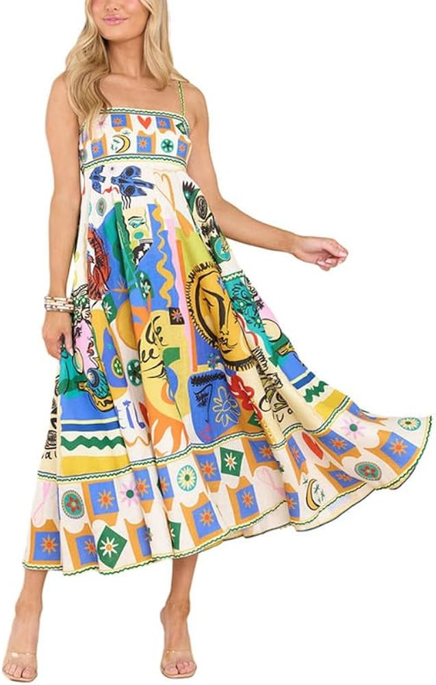 ROAONOCOMO Women Boho Graffiti Cami Long Dress Graphic Spaghetti Strap Flowy Swing Maxi Dress Cut... | Amazon (US)